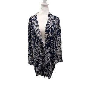 Carole Little Navy Blue White Floral Rayon Duster Jacket Button Front Pockets 8